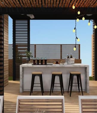 Espaço gourmet com deck de madeira