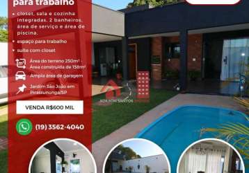 Casa com 3 quartos à venda no jardim são joão, pirassununga , 250 m2 por r$ 600.000