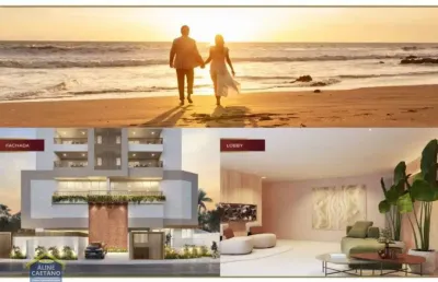 Uma quadra da praia, entrada 58 mil, 2 suítes, 1 vaga demarcada, lazer completo.