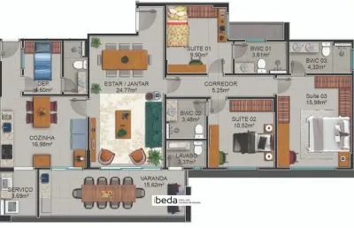 Ibeda - residencial torre lisboa 143m2 sala ampla, 3 suítes, gourmet, fitness 3v