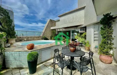 Cobertura duplex, com vista ao mar, na praia, confortável, 3 suítes, 1 vaga, piscina, churrasqueira, astúrias, guarujá.