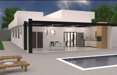 Casa linear, com arquitetura moderna, alto padrão de acabamento, 227m2 de área construída e ampla área externa em lote de 1060m2