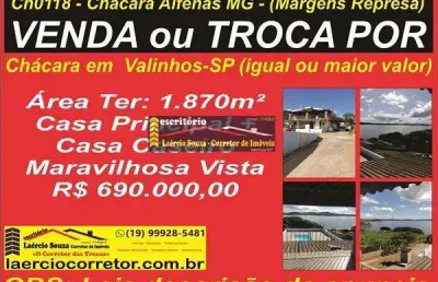 Chácara à venda em alfenas mg, margens da represa 1.870m² terr. - r$ 690.000,00   venda ou troca por chácara em valinhos, igual ou maior valor