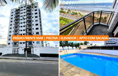 Apartamento com sacada vista mar | prédio frente mar com piscina e elevador