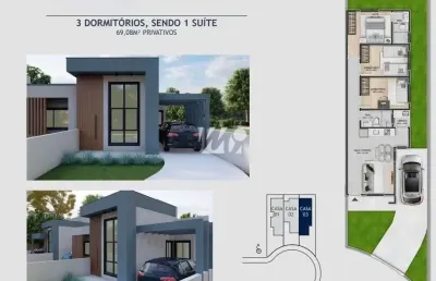 Casa geminada 3 quartos com 1 suíte e 69m² - nova palhoça