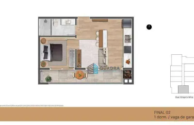 Apartamento com um dormitório, com sacada e churrasqueira a carvão e vaga de garagem a preço de custo