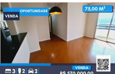 Apartamento de 75m² com 3 dormitórios sendo 1 suíte, cozinha, sala, 2 banheiros, 2 vagas