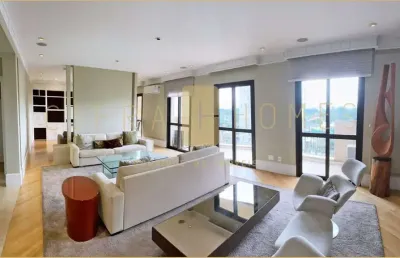 Apartamento semi mobiliado de 313m² com quatro dormitórios, seis vagas e ampla área de lazer em con