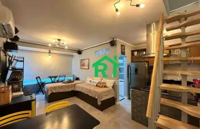 Apartamento beira mar, 1 dormitório (1 suíte), 1 vaga, lazer, tombo, guarujá/sp