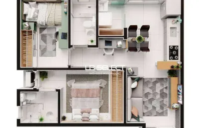 Apartamento com dois quartos, uma suíte e uma vaga de garagem.