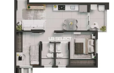 Apartamento com dois quartos, uma suíte, banheiro social e varanda.
