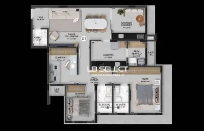 Apartamento com três quartos, uma suite, sala em dois ambientes, varanda gourmet e duas vagas de garagem.