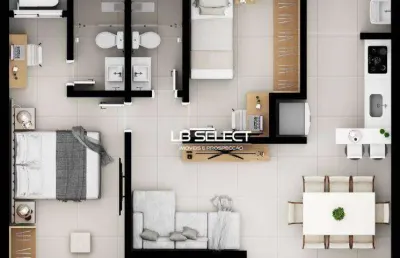 Apartamento com dois quartos, uma suite e vaga para dois carros.