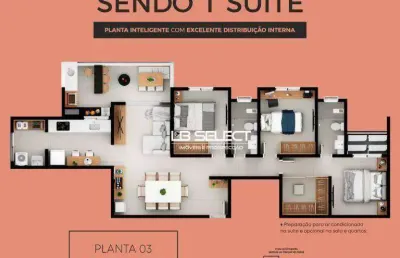 Apartamento com três quartos, duas suites, varanda gourmet com churasqueira.