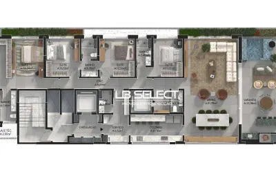 Apartamento no parque una com quatro suítes e varanda com piscina e churrasqueira.