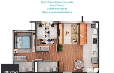 Apartamento de 2 dormitórios, suíte e espera para churrasqueira ou lareira.