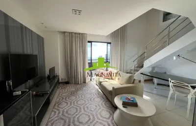 Boulevard side. duplex mobiliado vista mar à venda, 97m², 1 suíte, varandão, 2 vagas, infraestrutura de hotel, porteira fechada. caminho das árvores