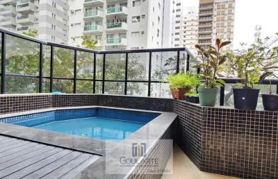 Apartamento duplex com 5 dormitórios sendo 3 suítes climatizadas + suíte de serviço, sacada gourmet e hidromassagem privativa na praia da pitangueiras-guarujá/sp.