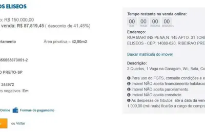 Apartamento para venda em ribeirão preto, campos elíseos, 2 dormitórios, 1 banheiro, 1 vaga