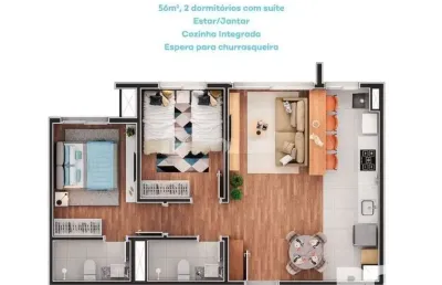 Apartamento de 2 dormitórios, suíte e espera para churrasqueira ou lareira.