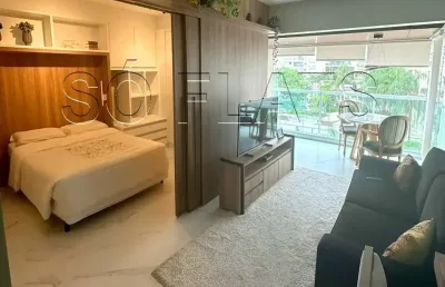 Apto para locação no home design, contendo 49m², 1 dormitório, 1 vaga de garagem e mobília completa.