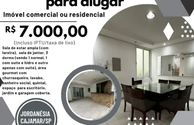 Casa para alugar, residencial e comercial, jordanésia,  cajamar/sp, 3 dorms, suítes,  vagas e ótima localização.