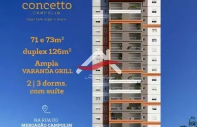 Lindo concetto campolim, apartamento 73 m², 2 dormit.(1 suíte máster), 2 banh., escritório, varanda grill, 1 vaga coberta. rua mercadão campolim