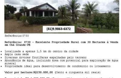 Vende-se excelente propriedade rural com 30 hectares em chã grande-pe