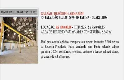 Barracão / Galpão / Depósito para alugar no Jardim Fátima, Guarulhos 