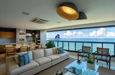 Apartamento à venda orizon r$ 5.900.000,00 vista mar, 3 suítes, suíte máster ampliada com varanda e closet, 5 vagas, varanda gourmet, mobiliado, 338m²