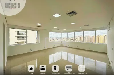 Edifício Trio Office  Sala com 47,04 m², de canto, face sombra, climatizada, piso elevado, 1 copa, armários, 2 banheiros, 1 vaga de garagem.