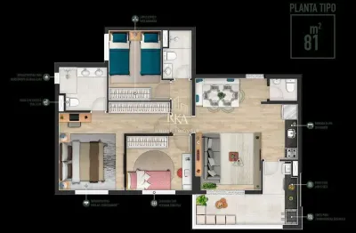 Apartamento à venda com 81m2, 3 dormitórios sendo 1 suíte e 2 vagas no Condomíni