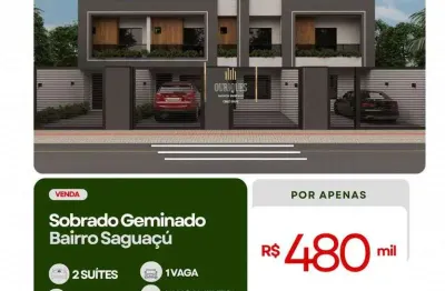 Sobrado geminado no saguaçu com 4m de abertura 76,22m²,  2 suítes e 1 vaga.