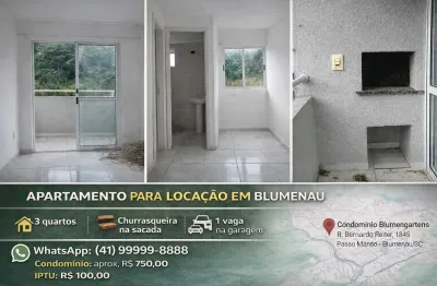 Apartamento 3 quartos para locação no Condomínio Blumengartens, Passo Manso – Blumenau.