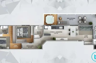 Apartamento de 93,89m² com 2 quartos, 1 suíte e 1 vaga de garagem