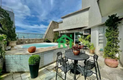 Cobertura duplex, com vista ao mar, na praia, confortável, 3 suítes, 1 vaga, piscina, churrasqueira, astúrias, guarujá.
