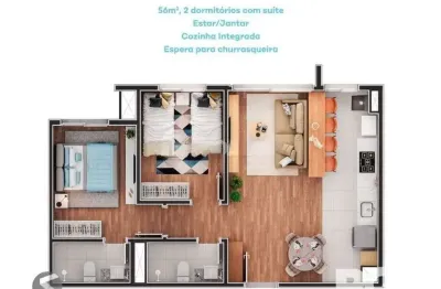 Apartamento de 2 dormitórios, suíte e espera para churrasqueira ou lareira.