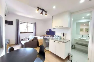 Flat mobiliado para alugar e vender, 24 m², moema, edifício qii, av. ibijaú, 1 dormitório, cozinha, 1 wc com box, 1 vaga, próximo do metrô e shopping