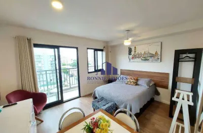 Studio mobiliado com varanda para alugar, 26 m², moema, ed. Is moema, avenidas dos carinás, 301, 1 dormitório, 1 wc, próximo ao shopping