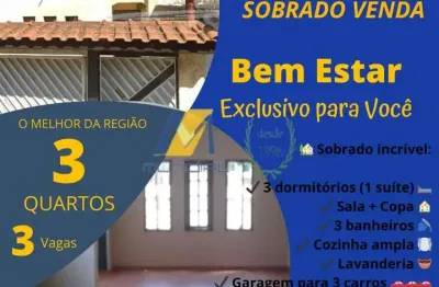 Sobrado à venda com 100m², 3 dormitórios, 1 suíte, 1 sala e 3 vagas!!!