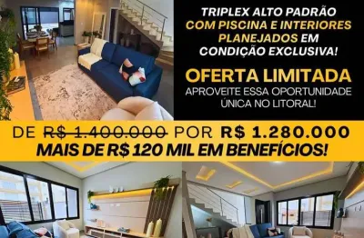 Triplex com piscina e móveis planejados a 150 metros do mar praia de leste!