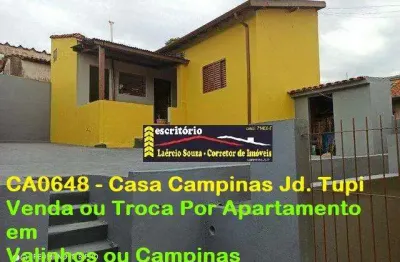 Casa venda campinas sp, jd. tupi, 3 dorms, 4 vagas r$ 680.000,00  estuda permuta por apartamento em valinhos ou campinas