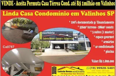 Casa condomínio venda em valinhos sp, condominio villa do sol - 3 suites, armários, piscina, 253m²const e 311m² ter. - r$ 1.890.000,00