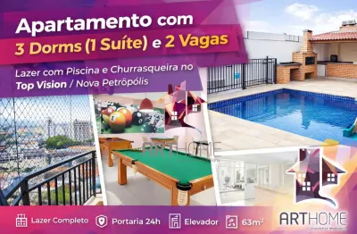 Apartamento com 3 dormitórios (1 suíte) e 2 vagas no Top Vision – Nova Petrópolis / Baeta Neves | Lazer com Piscina e Churrasqueira