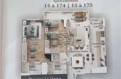 Apartamento com 2 dormitorios, sendo um suite, sala com sacada gourmet.