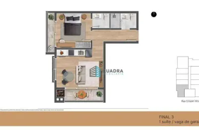 Apartamento com uma suíte com sacada e churrasqueira a carvão e vaga de garagem a preço de custo.
