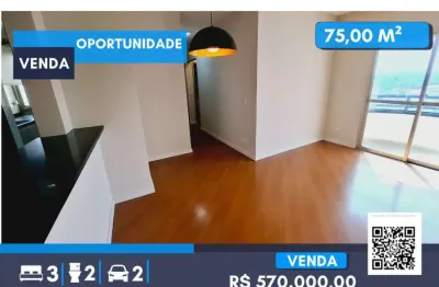 Apartamento de 75m² com 3 dormitórios sendo 1 suíte, cozinha, sala, 2 banheiros, 2 vagas