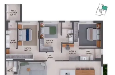 Apartamento patio das artes na pedra branca com 108,00 m2 e 3 dormitorios