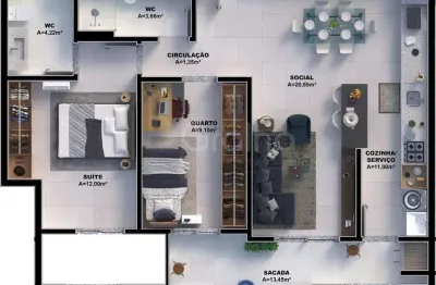 Apartamento 2 dormitórios com suíte a 200 metros do Passeio Pedra Branca