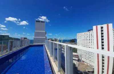 Vista lateral mar, sacada na sala, 2 dormitórios, lazer completo na cidade de santos!!!